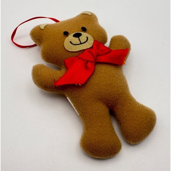 Soft Brown Teddy Bear Christmas Tree Ornament Standing Smiling with Red Bow - Picture 4 of 6